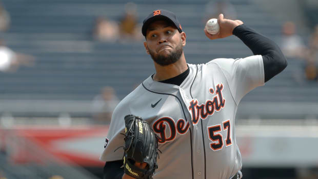 Aug 2, 2023; Pittsburgh, Pennsylvania, USA; Detroit Tigers starting pitcher Eduardo Rodriguez (57) pitches against the Pittsburgh Pirates during the first inning at PNC Park.