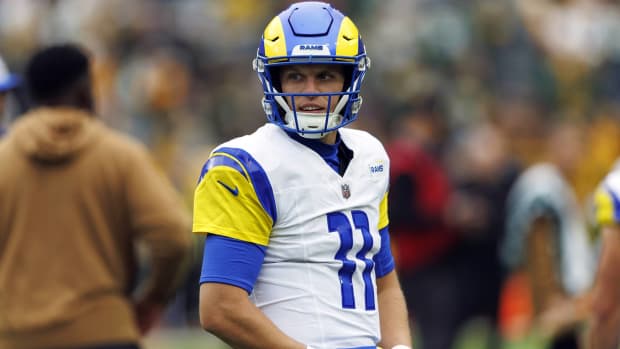 Rams quarterback Brett Rypien looks on before a game vs. the Packers.