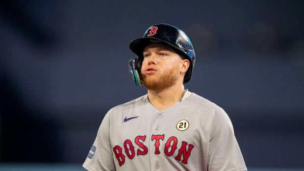 Sep 15, 2023; Toronto, Ontario, CAN; Boston Red Sox right fielder Alex Verdugo (99) reacts to being called out during the ninth inning against the Toronto Blue Jays at Rogers Centre.