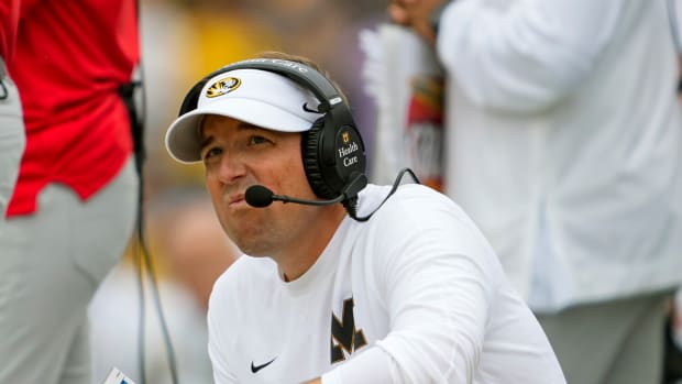 Missouri Tigers head coach Eliah Drinkwitz looks on from the sideline during the second half against the Kansas State Wildcats at Faurot Field at Memorial Stadium.