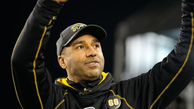 Dec 12, 2021; Hamilton, Ontario, CAN; Hamilton Tiger-Cats head coach Orlondo Steinauer waves to the fans before the start of the 108th Grey Cup football game against the Winnipeg Blue Bombers at Tim Hortons Field. Mandatory Credit: John E. Sokolowski-USA TODAY Sports