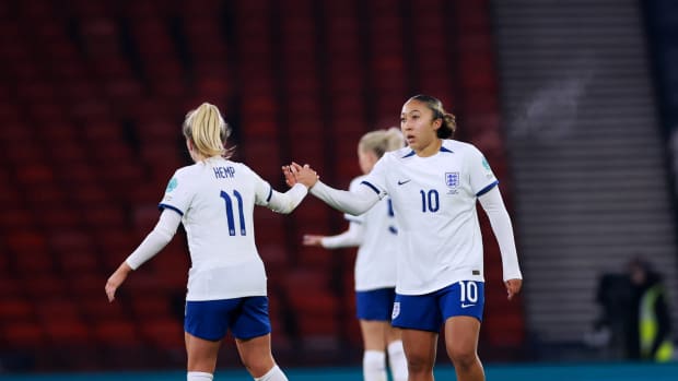 Lauren Hemp (left) and Lauren James pictured during England's 6-0 win over Scotland in December 2023