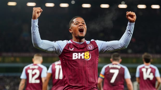Leon Bailey pictured celebrating after scoring the winning goal for Aston Villa in a 1-0 victory over Manchester City in December 2023