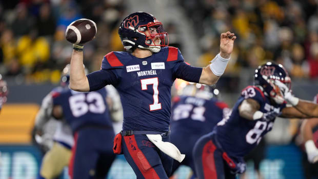 Nov 19, 2023; Hamilton, Ontario, CAN; Montreal Alouettes quarterback Cody Fajardo (7) against the Winnipeg Blue Bombers during the second quarter of the 110th Grey Cup game at Tim Hortons Field. Mandatory Credit: John E. Sokolowski-USA TODAY Sports