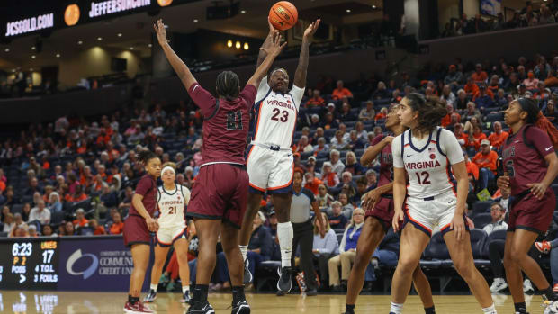 Alexia Smith attempts a jumper during the Virginia women's basketball game against Maryland Eastern Shore at John Paul Jones Arena.