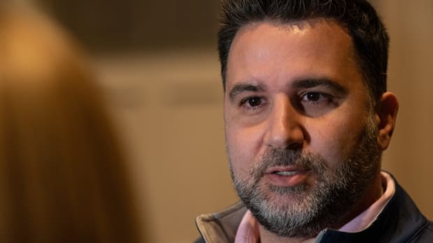 Atlanta Braves general manager Alex Anthopoulos fields questions during the Major League Baseball Winter Meetings at Gaylord Opryland in Nashville, Tenn., Tuesday, Dec. 5, 2023.  