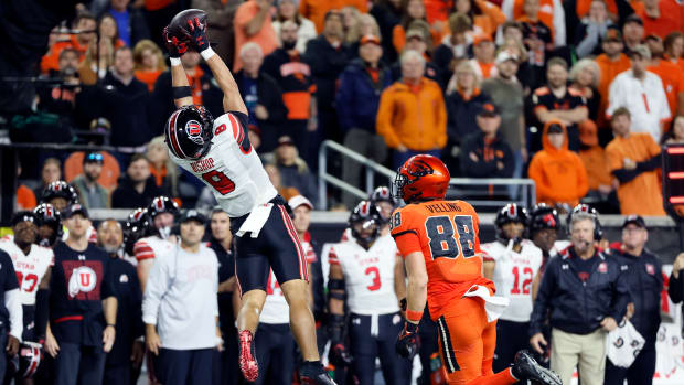  Sep 29, 2023; Corvallis, Oregon, USA; Utah Utes safety Cole Bishop (8) intercepts a pass intended for Oregon State Beavers tight end Jack Felling (88) during the second half at Reser Stadium. Mandatory Credit: Soobum Im-USA TODAY Sports