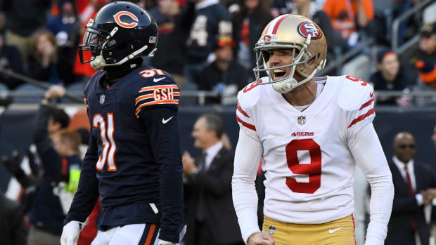 San Francisco 49ers kicker Robbie Gould is shown celebrating his winning field goal against the Chicago Bears on Dec. 3, 2017.