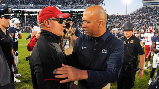 Penn State coach James Franklin (right) greets former Indiana coach Tom Allen after a game between the Nittany Lions and Hoosiers at Beaver Stadium.