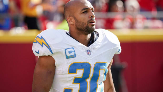Oct 12, 2023; Kansas City, Missouri, USA; Los Angeles Chargers running back Austin Ekeler (30) takes the field against the Kansas City Chiefs prior to a game at GEHA Field at Arrowhead Stadium. Mandatory Credit: Denny Medley-USA TODAY Sports  