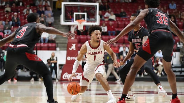 Alabama guard Mark Sears (1) dribbles the ball against Arkansas State at Coleman Coliseum in Tuscaloosa, AL on Monday, Dec 4, 2023. 