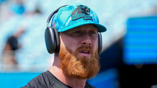 Panthers tight end Hayden Hurst (81) during pre-game warm-ups against the Jets at Bank of America Stadium.