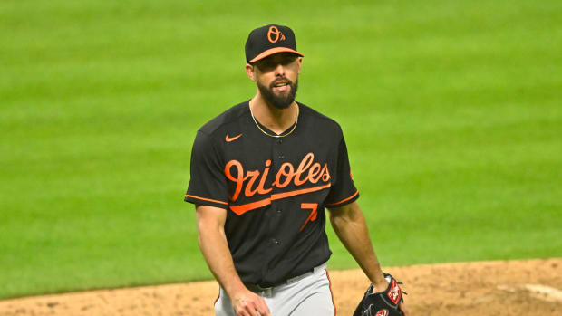 Sep 22, 2023; Cleveland, Ohio, USA; Baltimore Orioles relief pitcher Jorge Lopez (73) walks off the field after the seventh inning against the Cleveland Guardians at Progressive Field.