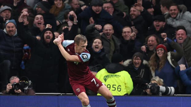 James Ward-Prowse pictured celebrating after scoring for West Ham in a 2-1 win at Tottenham in December 2023