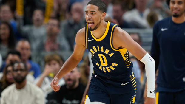 Indiana Pacers' Tyrese Haliburton reacts during the second half of an NBA basketball game against the Utah Jazz, Wednesday, Nov. 8, 2023, in Indianapolis. (AP Photo/Darron Cummings)   