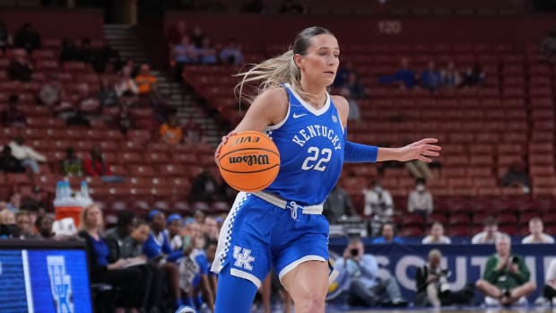 Mar 3, 2023; Greenville, SC, USA; Kentucky Wildcats guard Maddie Scherr (22) brings the ball up court in the first quarter against the Tennessee Lady Vols at Bon Secours Wellness Arena. Mandatory Credit: David Yeazell-USA TODAY Sports
