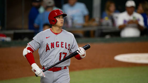 Aug 15, 2023; Arlington, Texas, USA; Los Angeles Angels designated hitter Shohei Ohtani (17) comes to the plate during the third inning against the Texas Rangers at Globe Life Field.