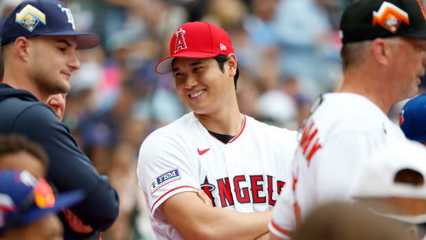 Jul 10, 2023; Seattle, Washington, USA; Los Angeles Angels player Shohei Ohtani during the All-Star Home Run Derby at T-Mobile Park.