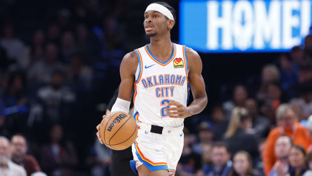 Dec 8, 2023; Oklahoma City, Oklahoma, USA; Oklahoma City Thunder guard Shai Gilgeous-Alexander (2) dribbles the ball down the court against the Golden State Warriors during the second quarter at Paycom Center.