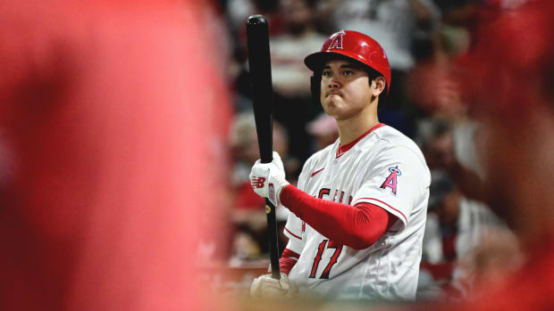 Shohei Ohtani prepares to hit for the Los Angeles Angels.