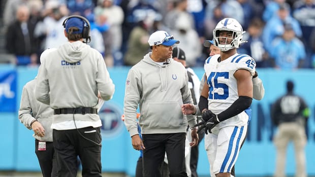 Indianapolis Colts linebacker E.J. Speed (45) walks toward the bench to be checked for an injury Sunday, Dec. 3, 2023, at Nissan Stadium in Nashville, Tenn. The Colts won in overtime, 31-28.  
