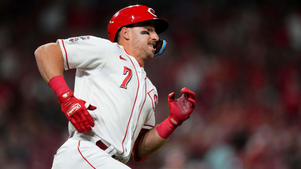Cincinnati Reds first baseman Spencer Steer (7) rounds first base after hitting a double in the fourth inning of a baseball game against the Minnesota Twins, Tuesday, Sept. 19, 2023, at Great American Ball Park in Cincinnati.  