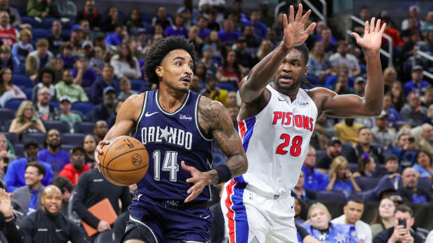 Orlando Magic guard Gary Harris (14) looks to pass against Detroit Pistons center Isaiah Stewart (28) during the first quarter at Amway Center.