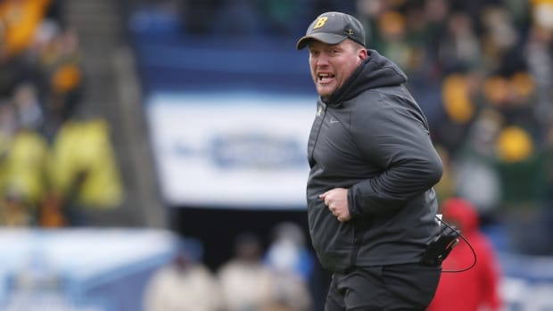 Jan 11, 2020; Frisco, Texas, USA; North Dakota State Bison head coach Matt Entz reacts to a touchdown on a fake field goal in the second quarter against the James Madison Dukes at Toyota Stadium. Mandatory Credit: Tim Heitman-USA TODAY Sports