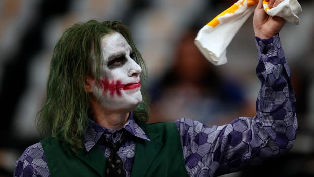 Jun 4, 2023; Denver, CO, USA; A fan of Denver Nuggets center Nikola Jokic (15) looks on wearing a Joker costume before game two against the Miami Heat in the 2023 NBA Finals at Ball Arena. Mandatory Credit: Isaiah J. Downing-USA TODAY Sports  