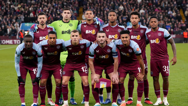 Aston Villa's players pictured posing for a team photo ahead of a UEFA Europa Conference League game against AZ Alkmaar in November 2023