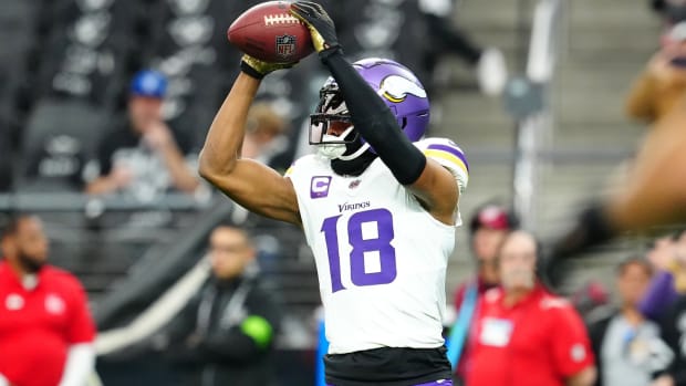 Dec 10, 2023; Paradise, Nevada, USA; Minnesota Vikings wide receiver Justin Jefferson (18) warms up before a game against the Las Vegas Raiders at Allegiant Stadium. 