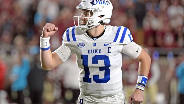 Oct 21, 2023; Tallahassee, Florida, USA; Duke Blue Devils quarterback Riley Leonard (13) celebrates a touchdown during the first quarter against the Florida State Seminoles at Doak S. Campbell Stadium