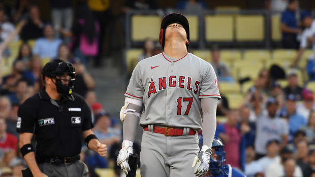 Jun 15, 2022; Los Angeles, California, USA; Los Angeles Angels player Shohei Ohtani (17) reacts after striking out against the Los Angeles Dodgers in the first inning at Dodger Stadium.