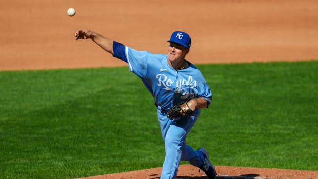 Greinke pitches in the Royals' 5-2 win over the Yankees on Oct. 1, 2023.