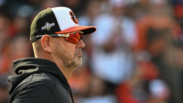 Oct 7, 2023; Baltimore, Maryland, USA; Baltimore Orioles manager Brandon Hyde stands on the during game one of the ALDS for the 2023 MLB playoffs against the Texas Rangers at Oriole Park at Camden Yards. Mandatory Credit: Tommy Gilligan-USA TODAY Sports