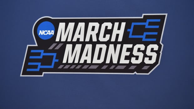Mar 17, 2016; St. Louis, MO, USA; A detailed view of the March Madness logo during a practice day before the first round of the NCAA men's college basketball tournament at Scottrade Center. Mandatory Credit: Jasen Vinlove-USA TODAY Sports  