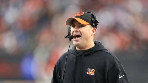 Dec 10, 2023; Cincinnati, Ohio, USA; Cincinnati Bengals head coach Zac Taylor reacts to an overturned touchdown during the second half against the Indianapolis Colts at Paycor Stadium. Mandatory Credit: Joseph Maiorana-USA TODAY Sports  