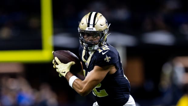 Dec 3, 2023; New Orleans, Louisiana, USA; New Orleans Saints wide receiver Chris Olave (12) catches a pass against the Detroit Lions during the first half at the Caesars Superdome.
