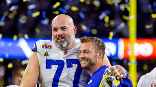 Whitworth and McVay after the Rams' 23-20 win over the Bengals in Super Bowl LVI on Feb. 13, 2022.