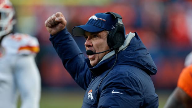 Denver Broncos head coach Sean Payton gestures in the fourth quarter against the Kansas City Chiefs at Empower Field at Mile High.
