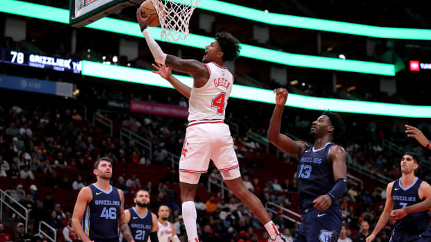 Houston Rockets guard Jalen Green (4) shoots against the Memphis Grizzlies during the fourth quarter at Toyota Center.