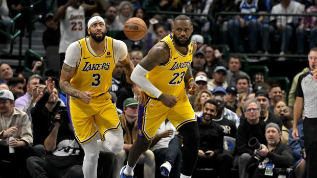 Dec 12, 2023; Dallas, Texas, USA; Los Angeles Lakers forward Anthony Davis (3) and forward LeBron James (23) run back up the court during the second half against the Dallas Mavericks at the American Airlines Center. Mandatory Credit: Jerome Miron-USA TODAY Sports