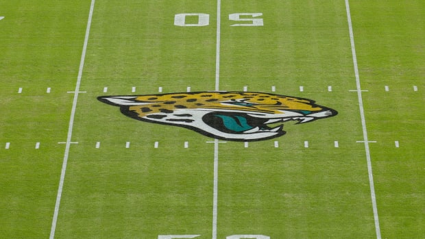 A general view of the Jaguars’ logo at midfield.
