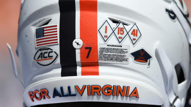 Mike Hollins’s helmet during Virginia’s 49-13 loss to No. 12 Tennessee on Sept. 2, 2023.
