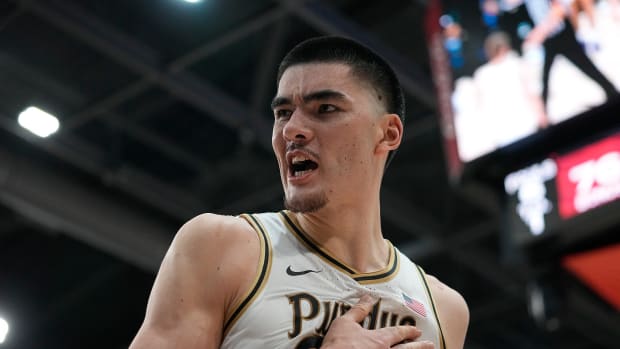Dec 9, 2023; Toronto, Ontario, CAN; Purdue Boilermakers center Zach Edey (15) reacts after a basket against the Alabama Crimson Tide during the second half at Coca-Cola Coliseum. Mandatory Credit: John E. Sokolowski-USA TODAY Sports