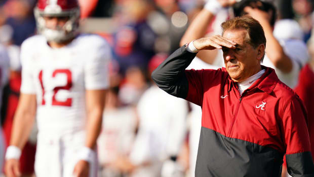 Nov 25, 2023; Auburn, Alabama, USA; Alabama Crimson Tide head coach Nick Saban looks on during pregame warmups before their game against the Auburn Tigers at Jordan-Hare Stadium.