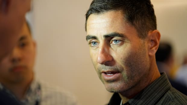 Nov 9, 2022; Las Vegas, NV, USA; San Diego Padres general manager A. J. Preller answers questions from the media during the MLB GM Meetings at The Conrad Las Vegas. Mandatory Credit: Lucas Peltier-USA TODAY Sports  