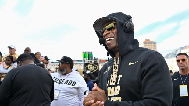 Sep 30, 2023; Boulder, Colorado, USA; Colorado Buffaloes head coach Deion Sanders during an interview prior to the game against the USC Trojans at Folsom Field