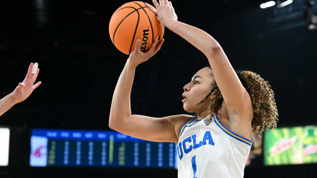 Mar 5, 2023; Las Vegas, NV, USA; UCLA Bruins guard Kiki Rice (1) shoots the ball against the Washington State Cougars in the second quarter at Michelob Arena