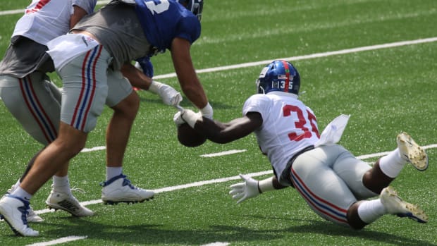 T.J. Brunson makes this interception during an afternoon scrimmage at MetLife Stadium on September 3, 2020. The New York Giants Hold An Afternoon Scrimmage At Metlife Stadium On September 3 2020  